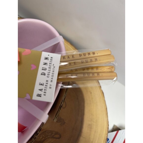 Rae Dunn Ramen Heart-Shaped Pink Ceramic Bowl Set By W/ Bamboo Chopsticks - Picture 4 of 8